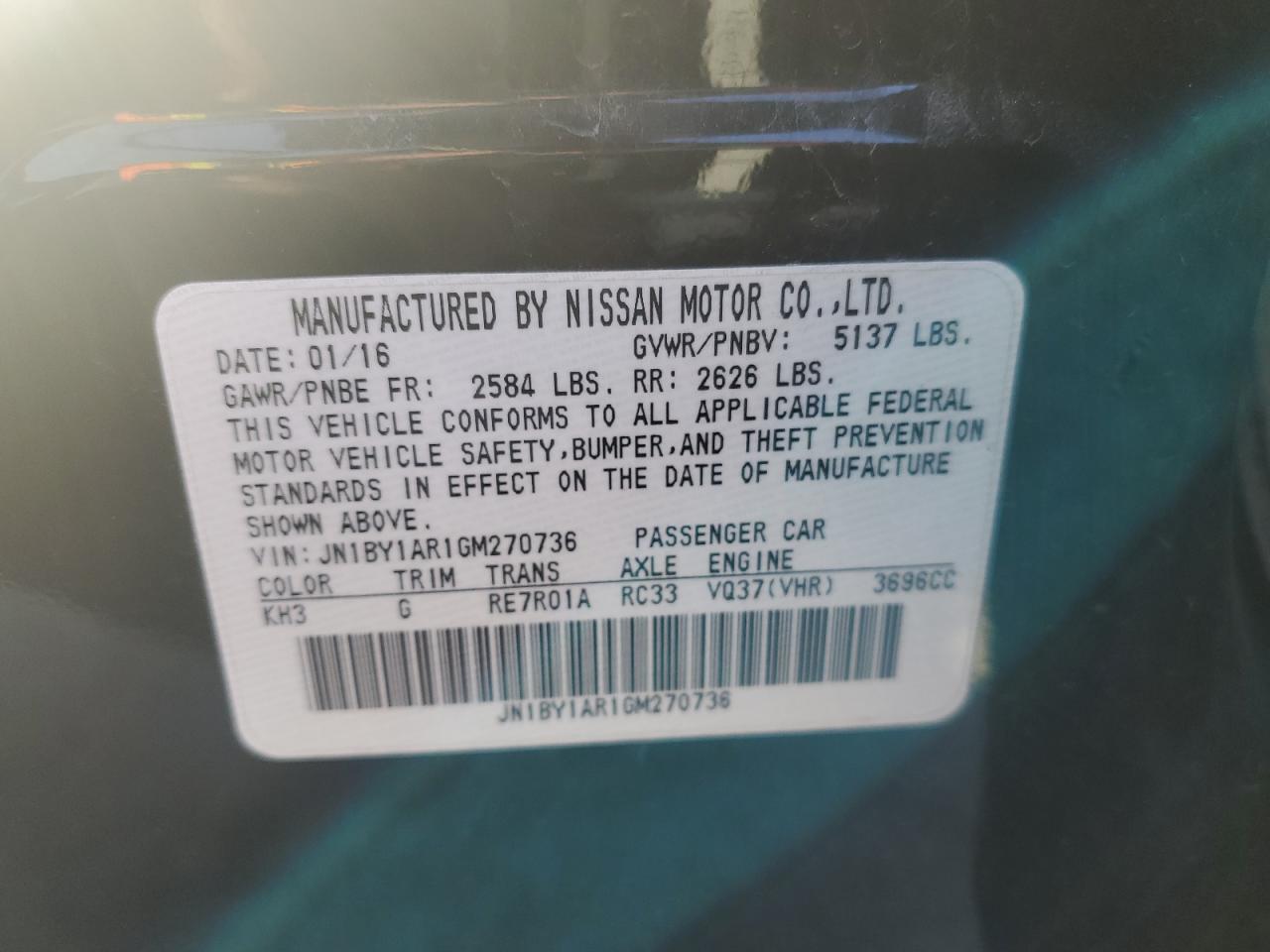 2016 Infiniti Q70 3.7 VIN: JN1BY1AR1GM270736 Lot: 56311075