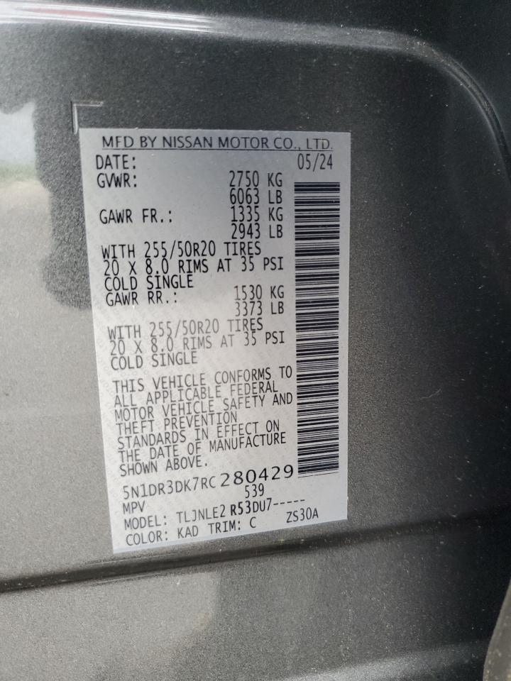 2024 Nissan Pathfinder Platinum VIN: 5N1DR3DK7RC280429 Lot: 57045625