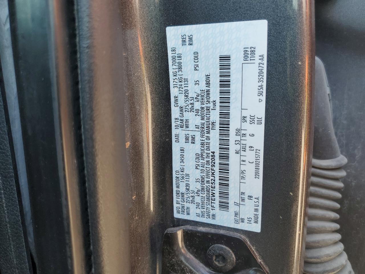 2018 Ford F150 Supercrew VIN: 1FTEW1E52JKF92084 Lot: 58296545