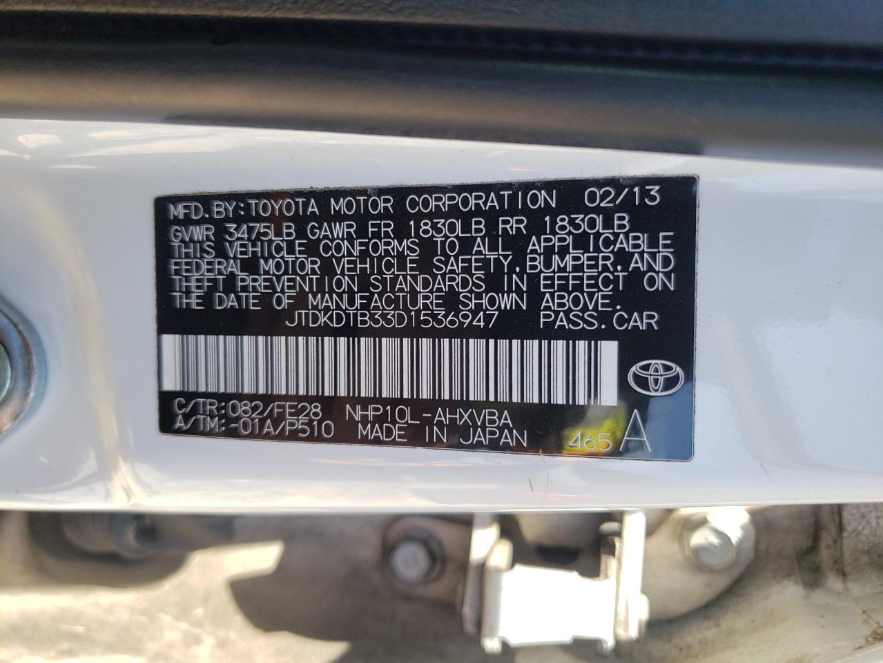 2013 Toyota Prius C VIN: JTDKDTB33D1536947 Lot: 55996555