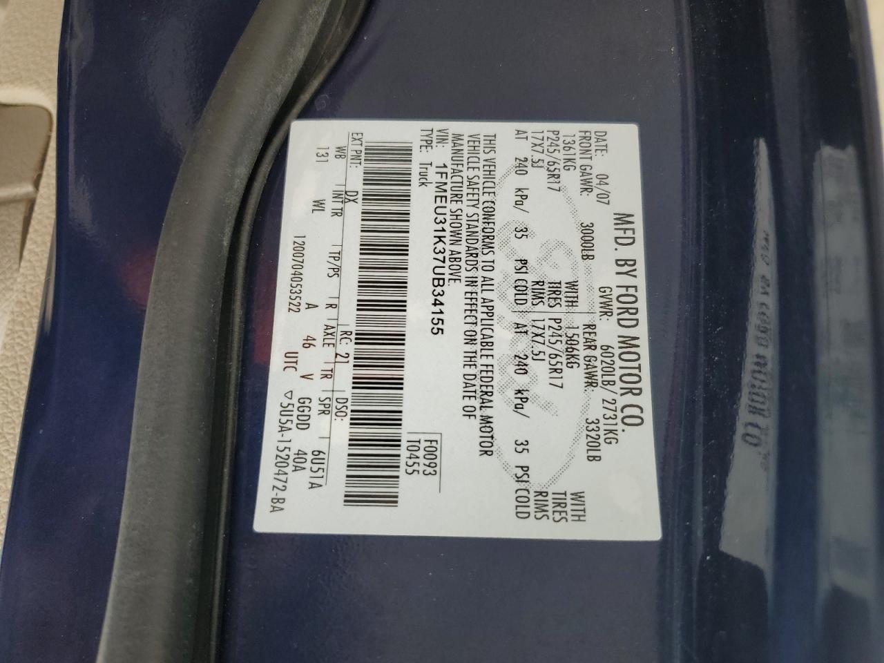 2007 Ford Explorer Sport Trac Xlt VIN: 1FMEU31K37UB34155 Lot: 56116635