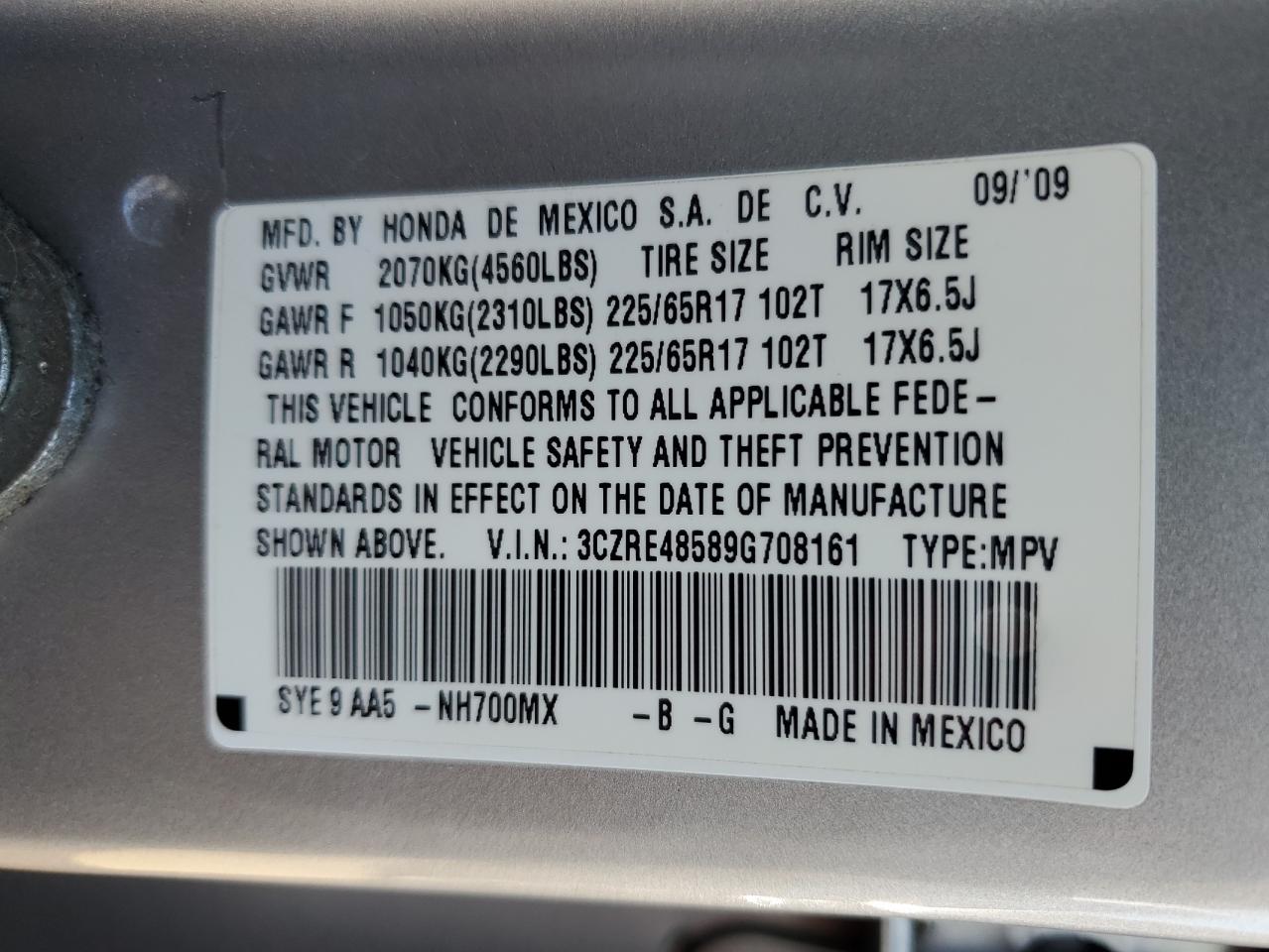 2009 Honda Cr-V Ex VIN: 3CZRE48589G708161 Lot: 56221605