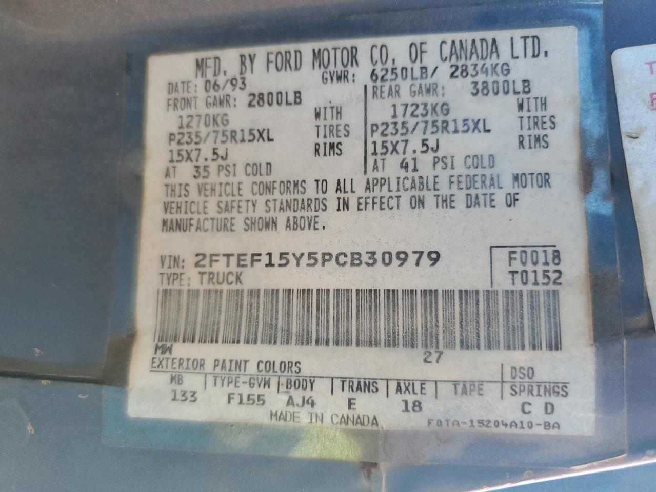 1993 Ford F150 VIN: 2FTEF15Y5PCB30979 Lot: 57413425