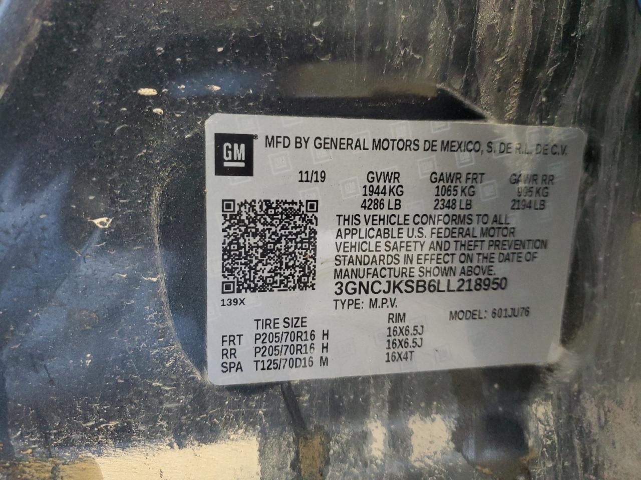 2020 Chevrolet Trax Ls VIN: 3GNCJKSB6LL218950 Lot: 58398475