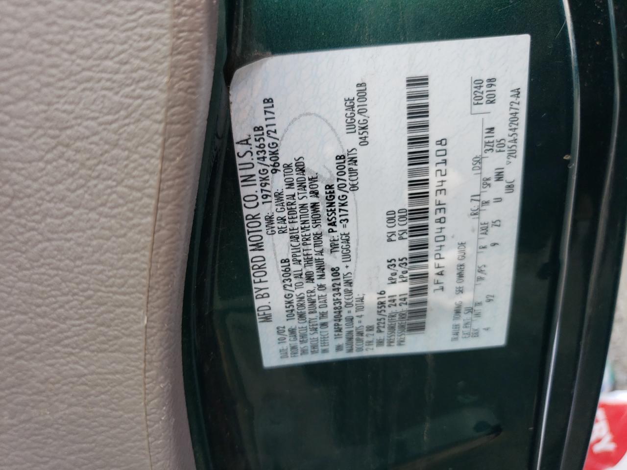 2003 Ford Mustang VIN: 1FAFP40483F342108 Lot: 56752855