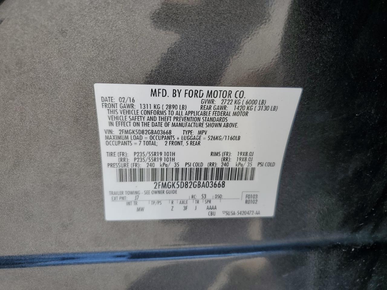 2016 Ford Flex Limited VIN: 2FMGK5D82GBA03668 Lot: 56863085