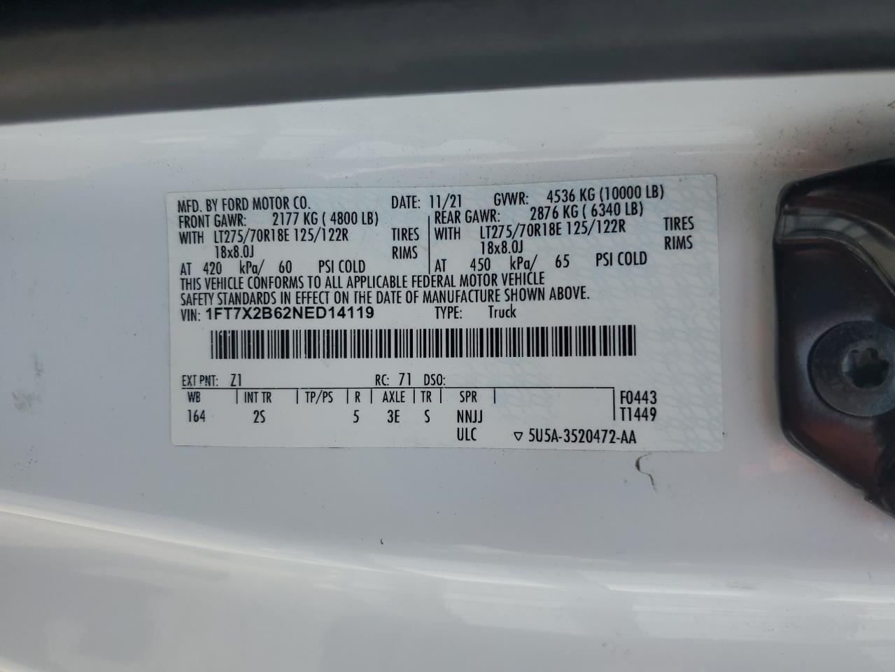 2022 Ford F250 Super Duty VIN: 1FT7X2B62NED14119 Lot: 58734055