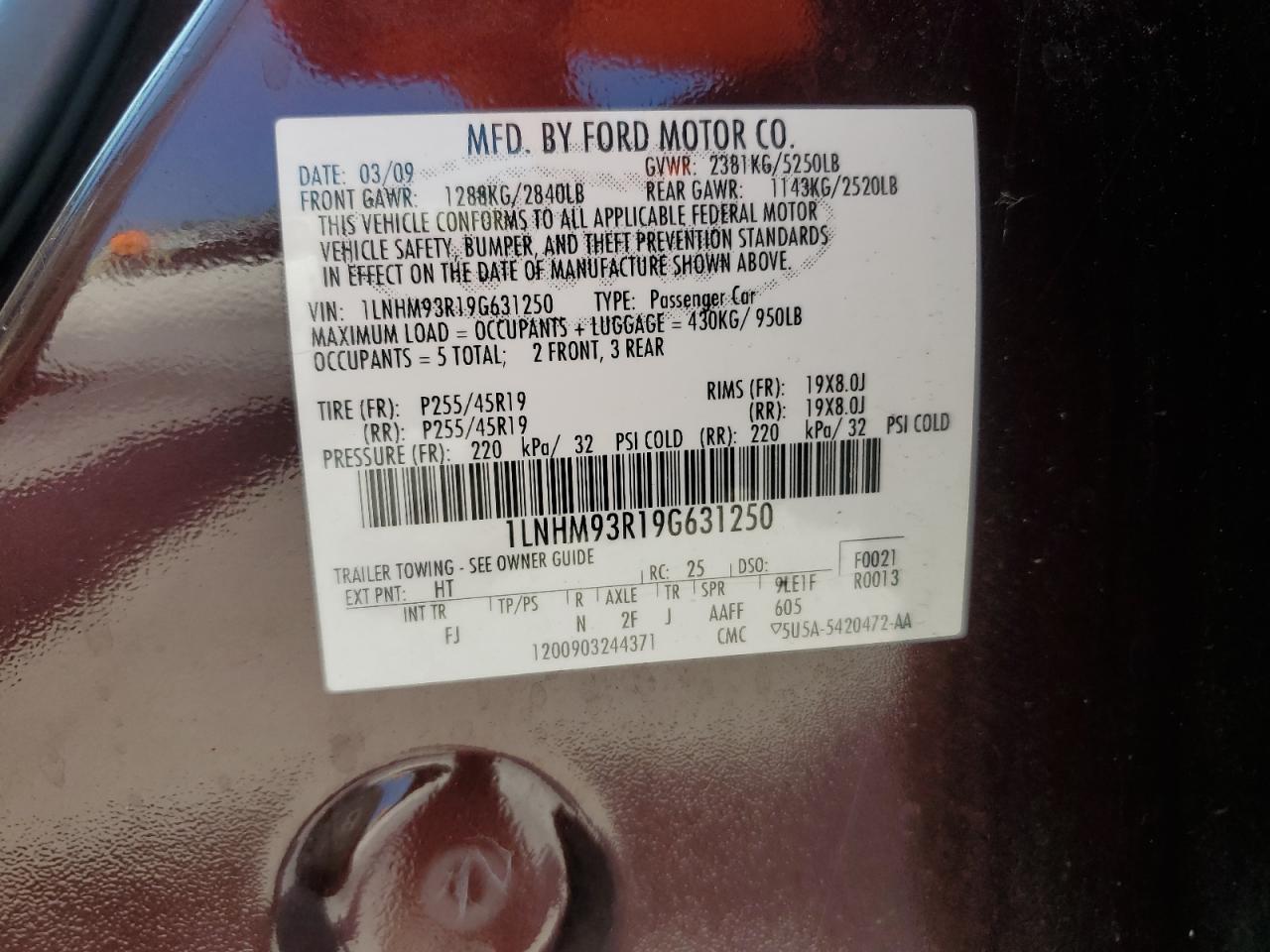 2009 Lincoln Mks VIN: 1LNHM93R19G631250 Lot: 55442505