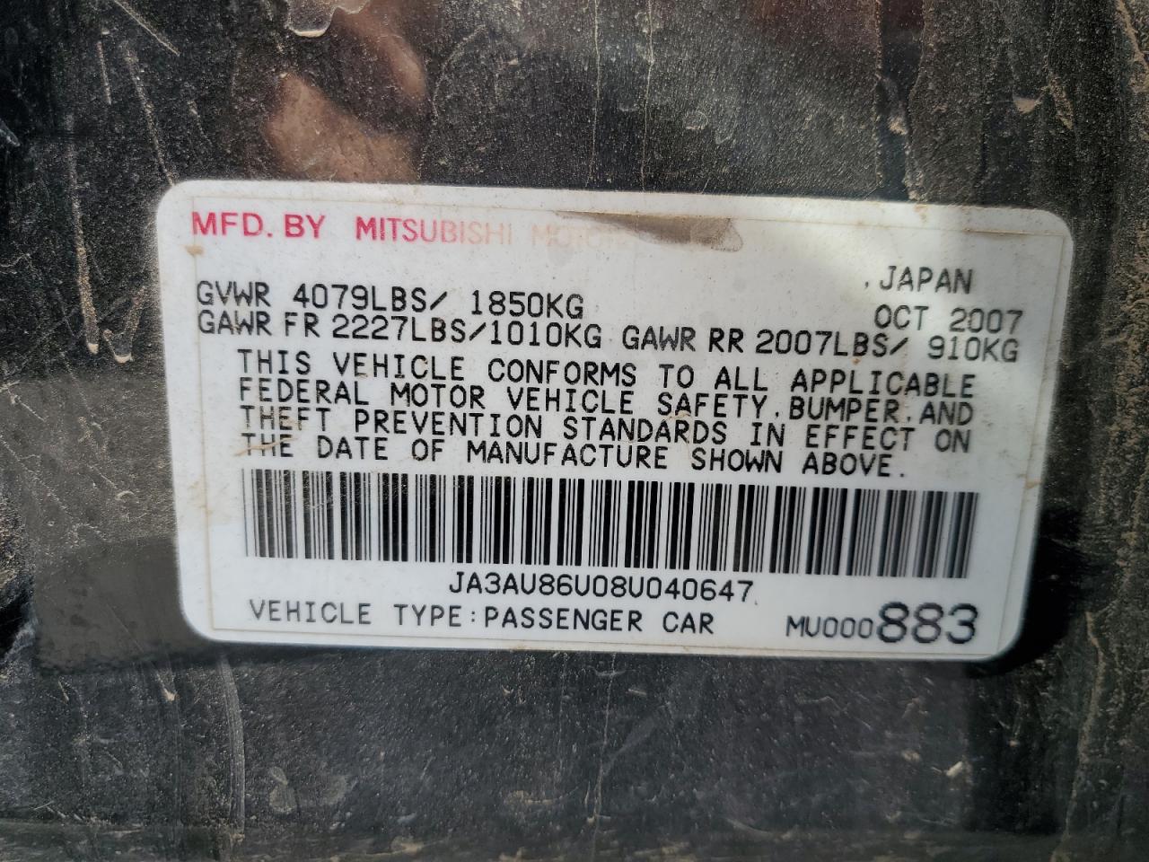 2008 Mitsubishi Lancer Gts VIN: JA3AU86U08U040647 Lot: 56945715