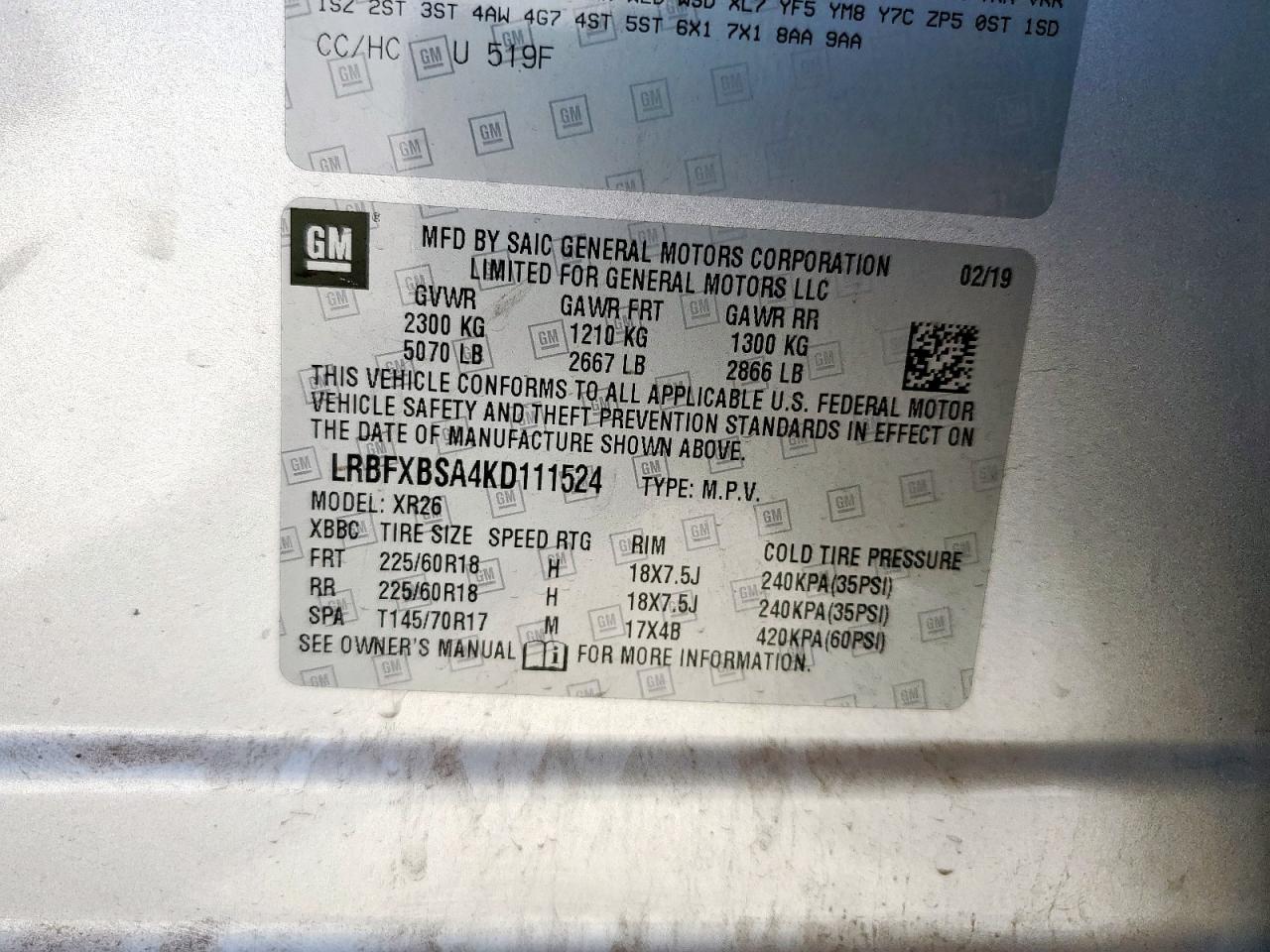 2019 Buick Envision Preferred VIN: LRBFXBSA4KD111524 Lot: 57874485