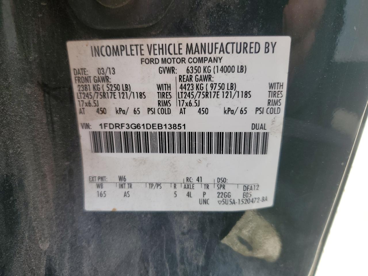 2013 Ford F350 Super Duty VIN: 1FDRF3G61DEB13851 Lot: 56272035