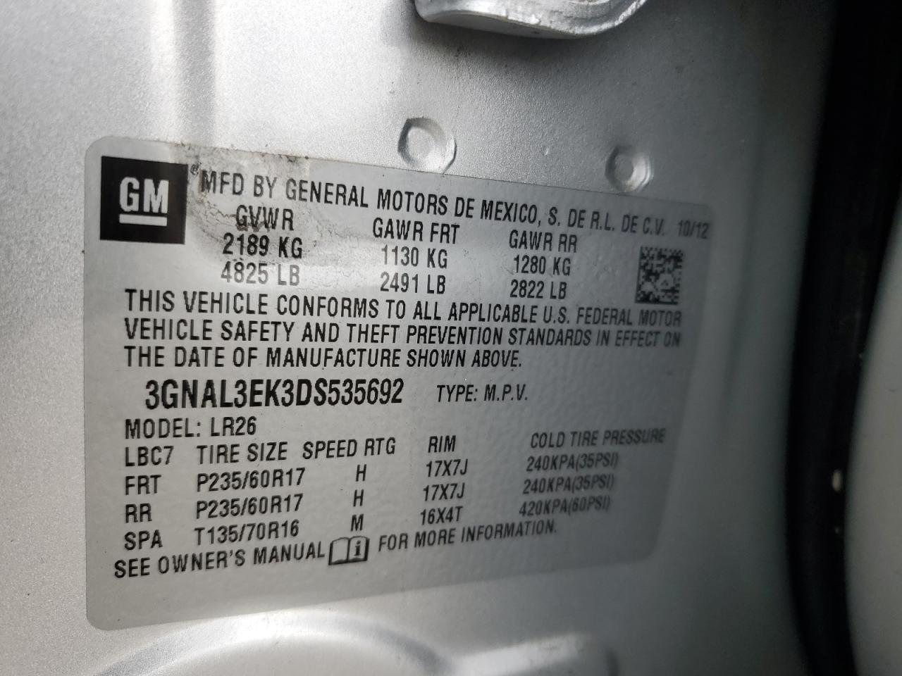 2013 Chevrolet Captiva Lt VIN: 3GNAL3EK3DS535692 Lot: 56784555