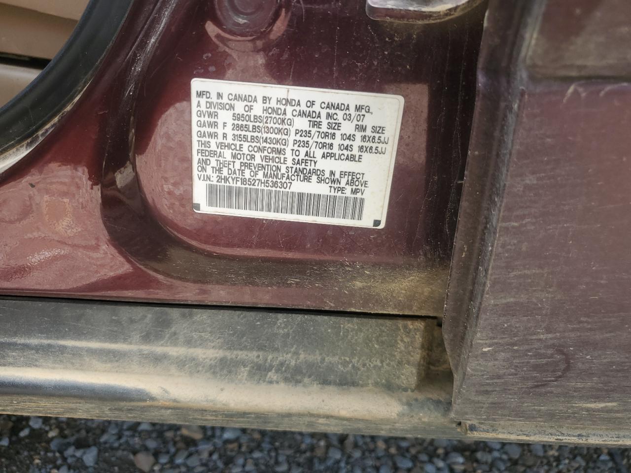 2007 Honda Pilot Exl VIN: 2HKYF18527H536307 Lot: 56413455