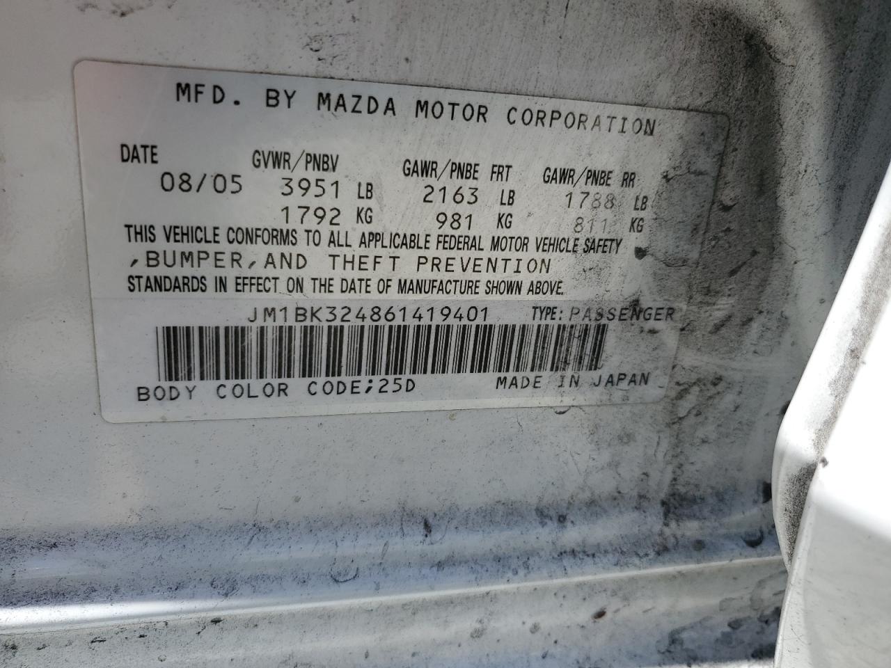 2006 Mazda 3 S VIN: JM1BK324861419401 Lot: 56541835
