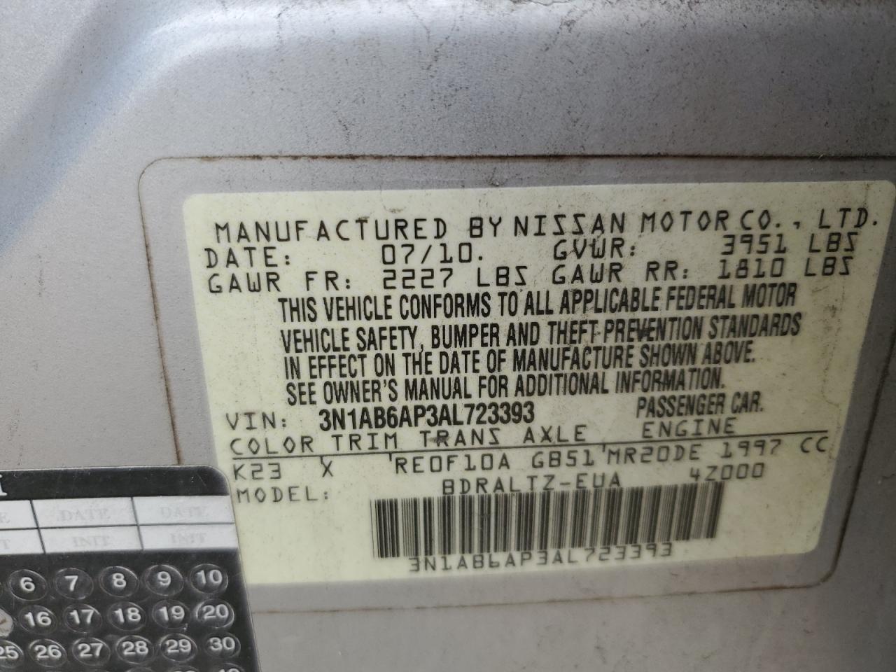 2010 Nissan Sentra 2.0 VIN: 3N1AB6AP3AL723393 Lot: 56348045