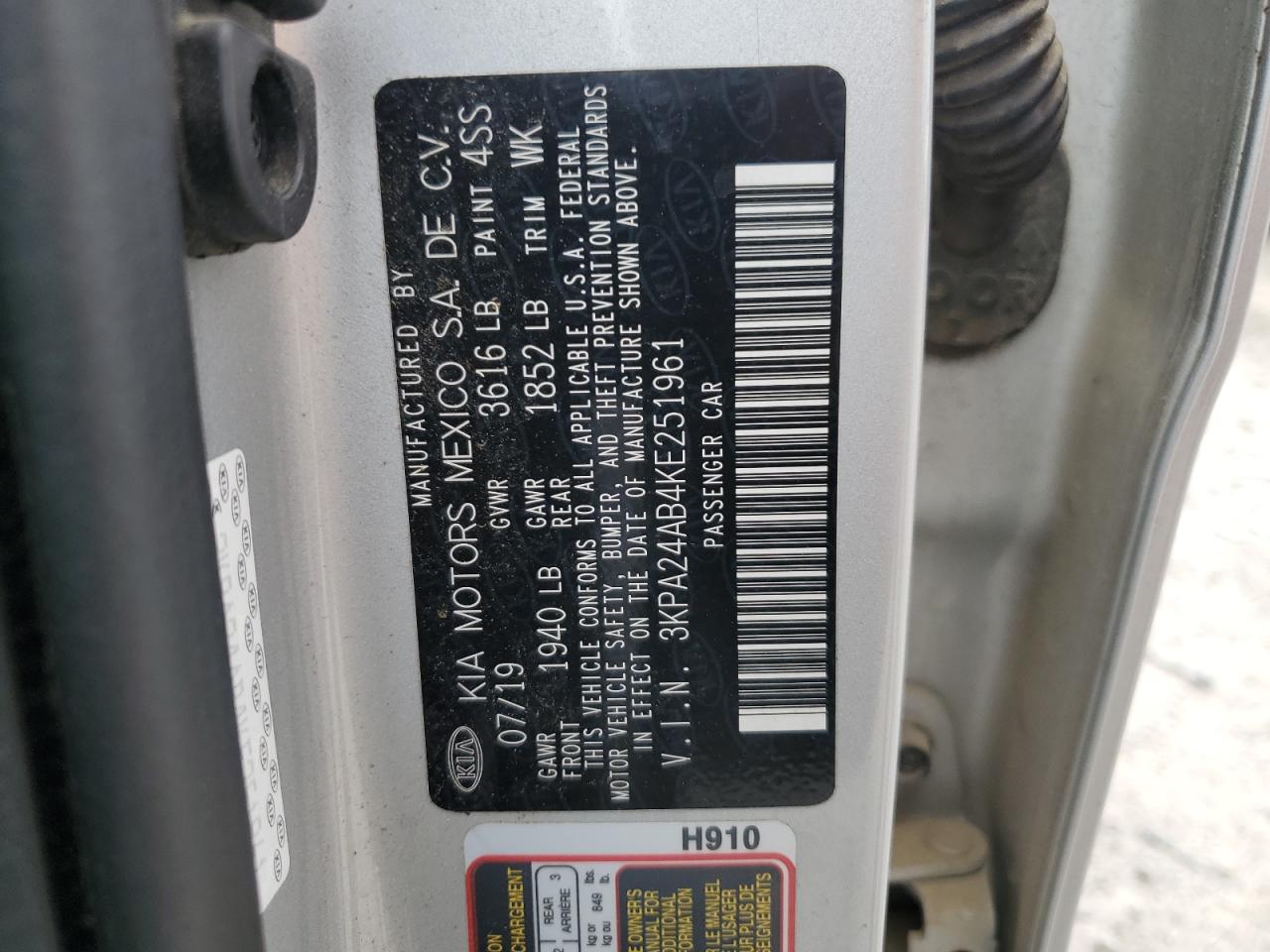 2019 Kia Rio S VIN: 3KPA24AB4KE251961 Lot: 57073835