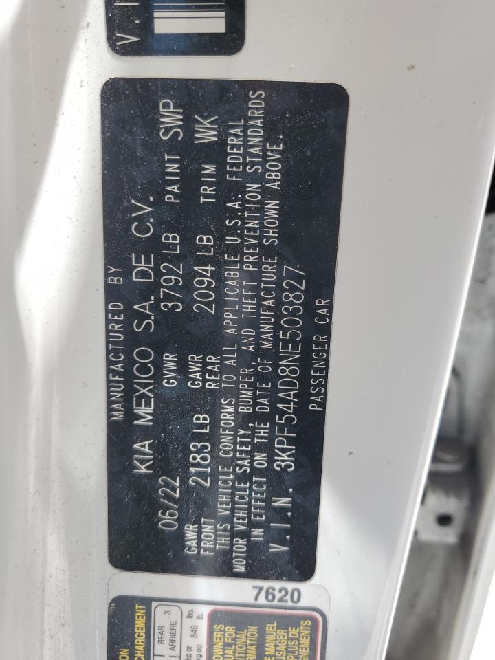 2022 Kia Forte Gt Line VIN: 3KPF54AD8NE503827 Lot: 58788375