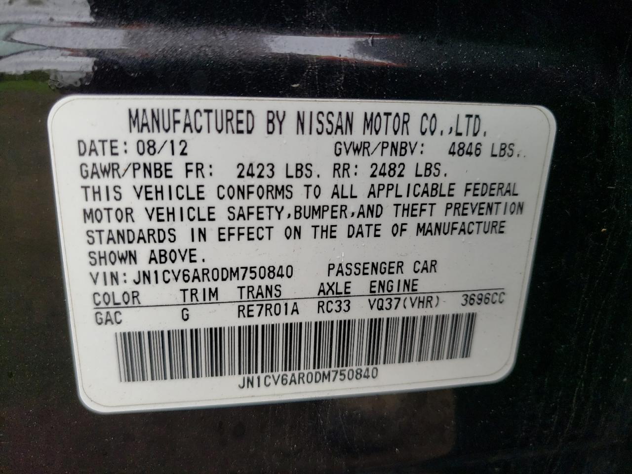 2013 Infiniti G37 VIN: JN1CV6AR0DM750840 Lot: 56998055