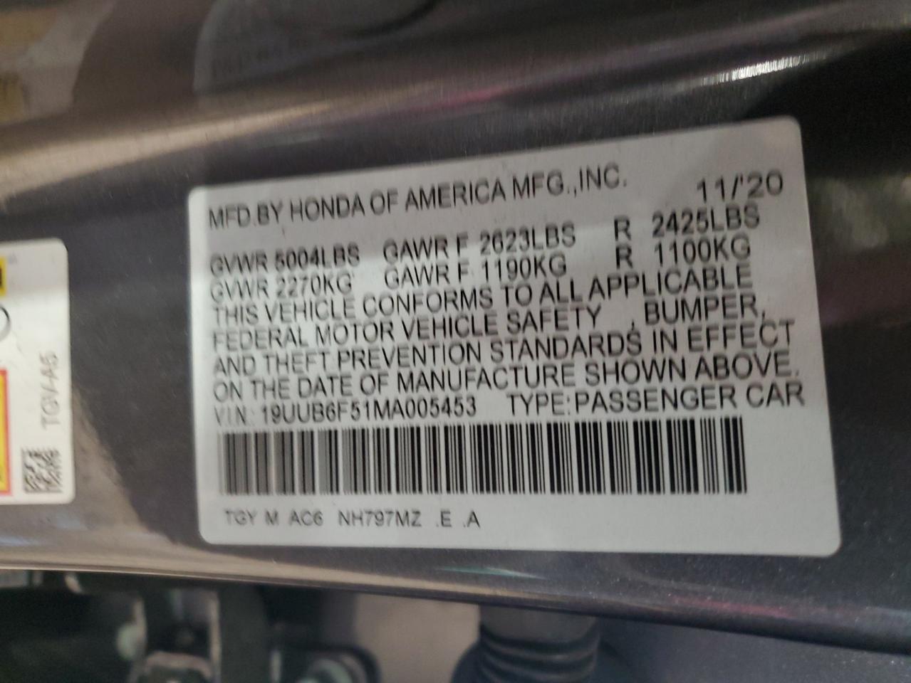 2021 Acura Tlx Tech A VIN: 19UUB6F51MA005453 Lot: 55778175