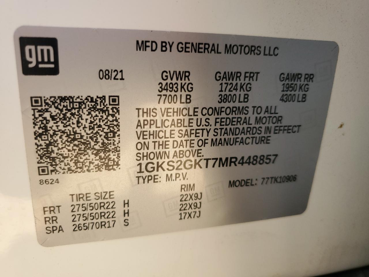 2021 GMC Yukon Xl K1500 Slt VIN: 1GKS2GKT7MR448857 Lot: 57154905