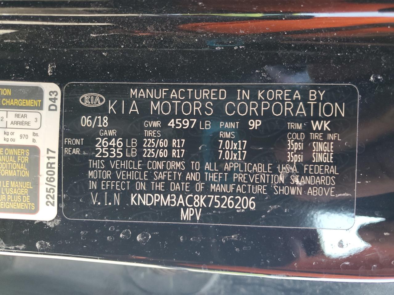 2019 Kia Sportage Lx VIN: KNDPM3AC8K7526206 Lot: 57115885