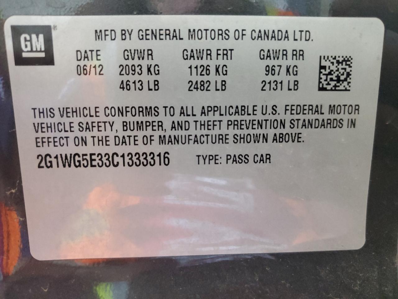2012 Chevrolet Impala Lt VIN: 2G1WG5E33C1333316 Lot: 57275295