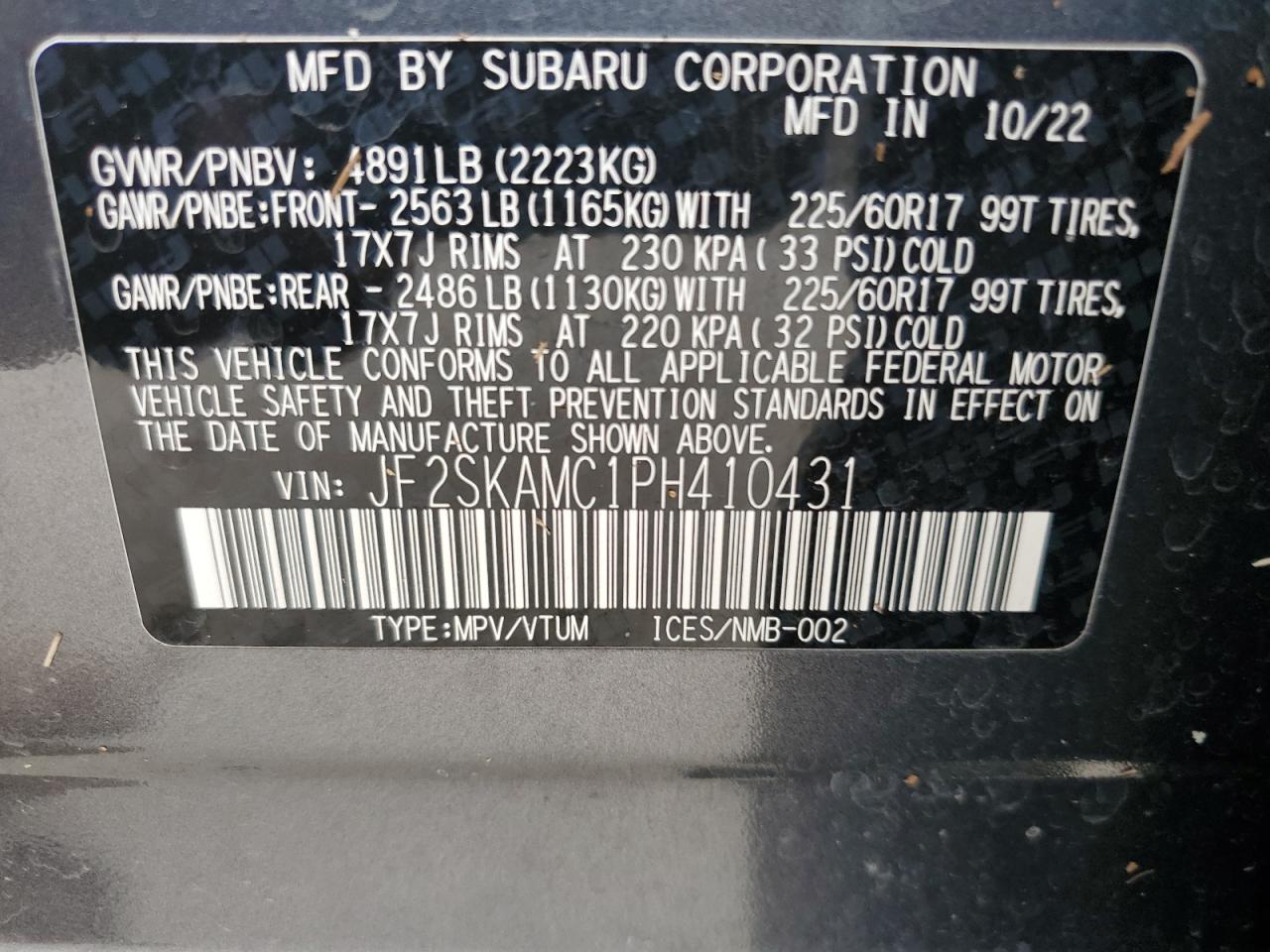 2023 Subaru Forester Wilderness VIN: JF2SKAMC1PH410431 Lot: 56700345