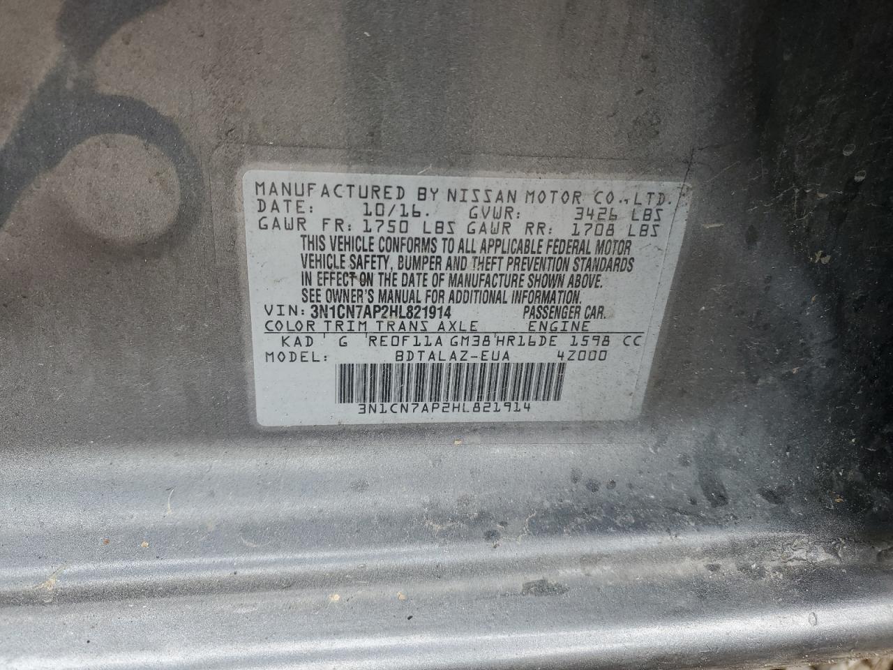 2017 Nissan Versa S VIN: 3N1CN7AP2HL821914 Lot: 56948005