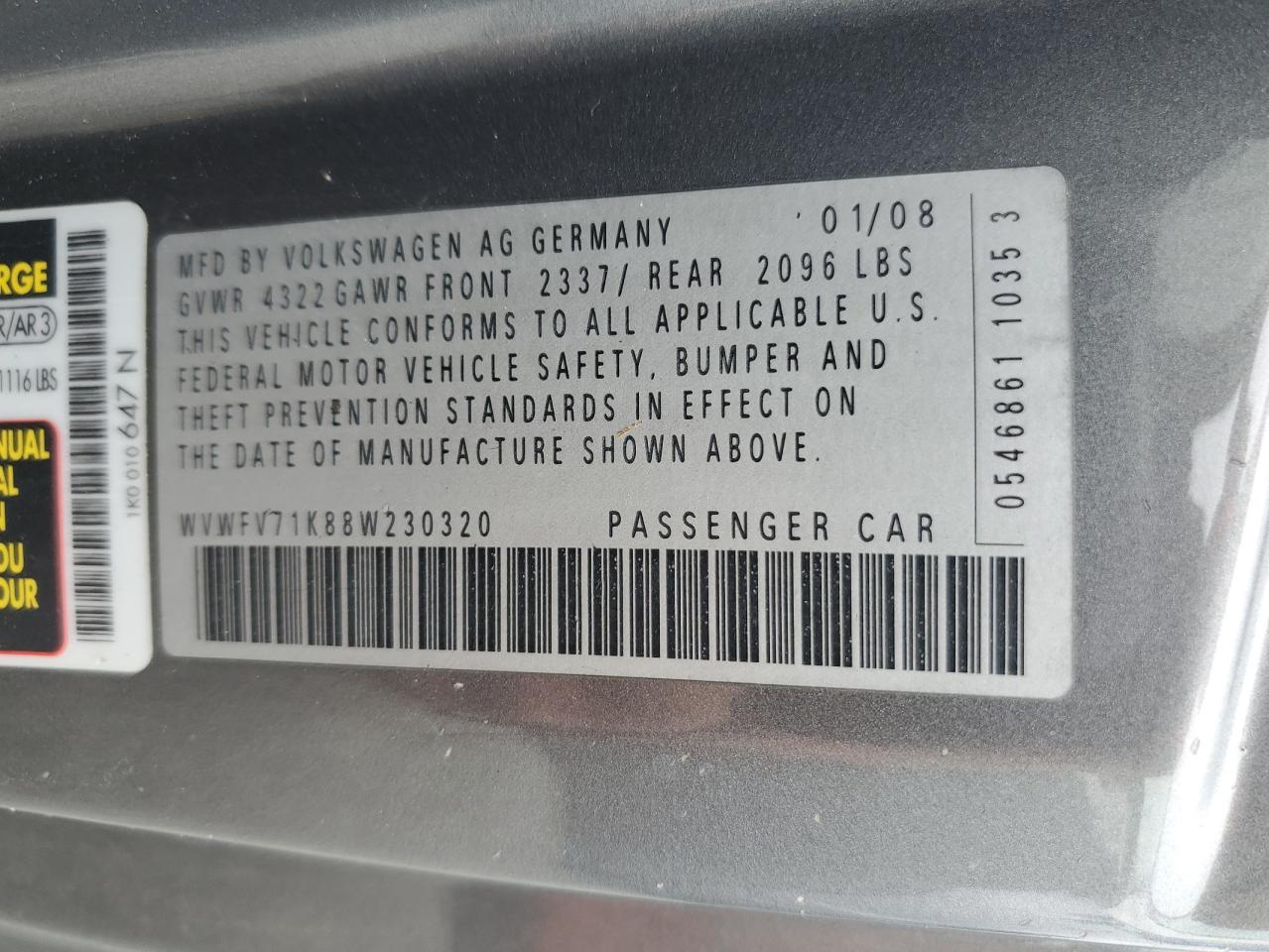 2008 Volkswagen Gti VIN: WVWFV71K88W230320 Lot: 56681035