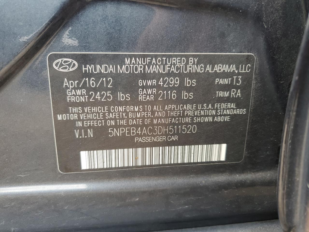 2013 Hyundai Sonata Gls VIN: 5NPEB4AC3DH511520 Lot: 56690105
