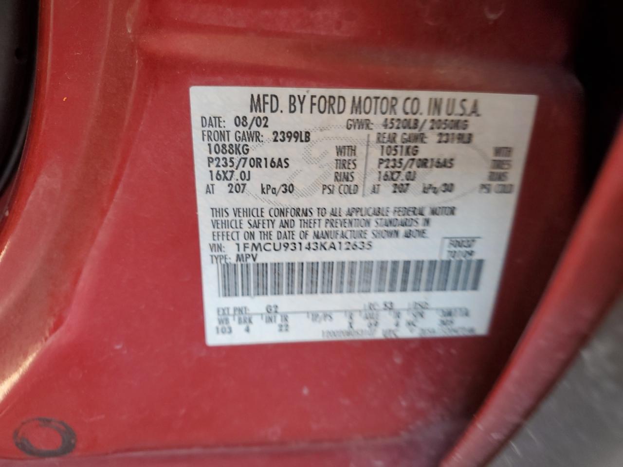 2003 Ford Escape Xlt VIN: 1FMCU93143KA12635 Lot: 57413615