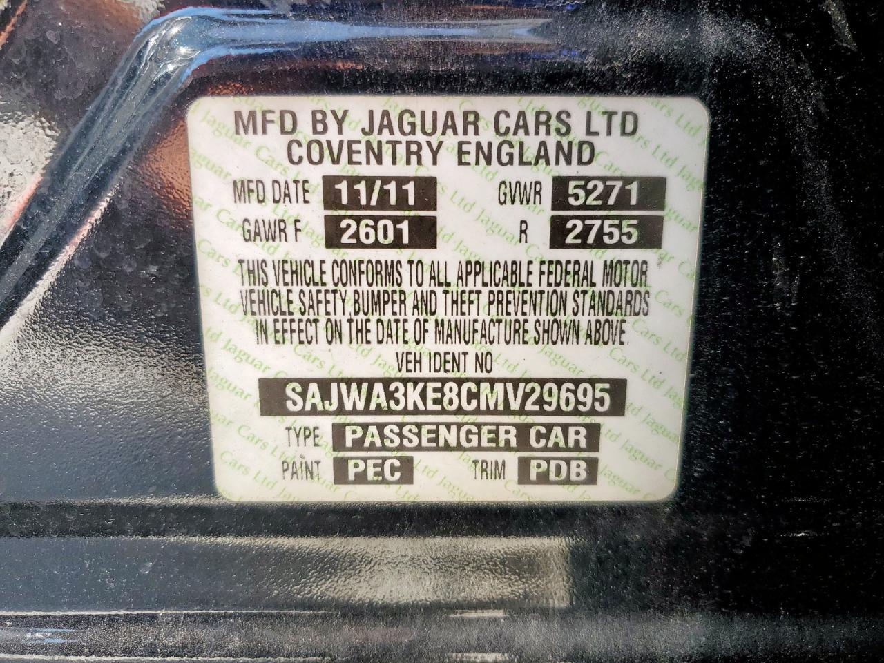 2012 Jaguar Xjl Supercharged VIN: SAJWA3KE8CMV29695 Lot: 57229265