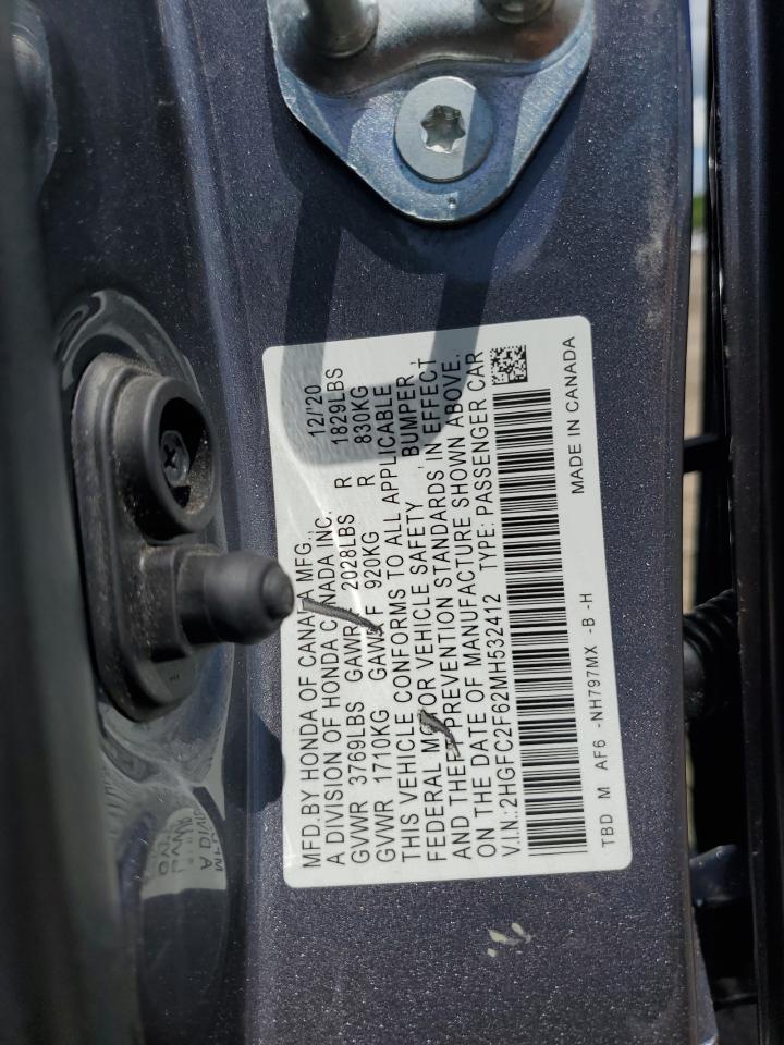 2021 Honda Civic Lx VIN: 2HGFC2F62MH532412 Lot: 55106325