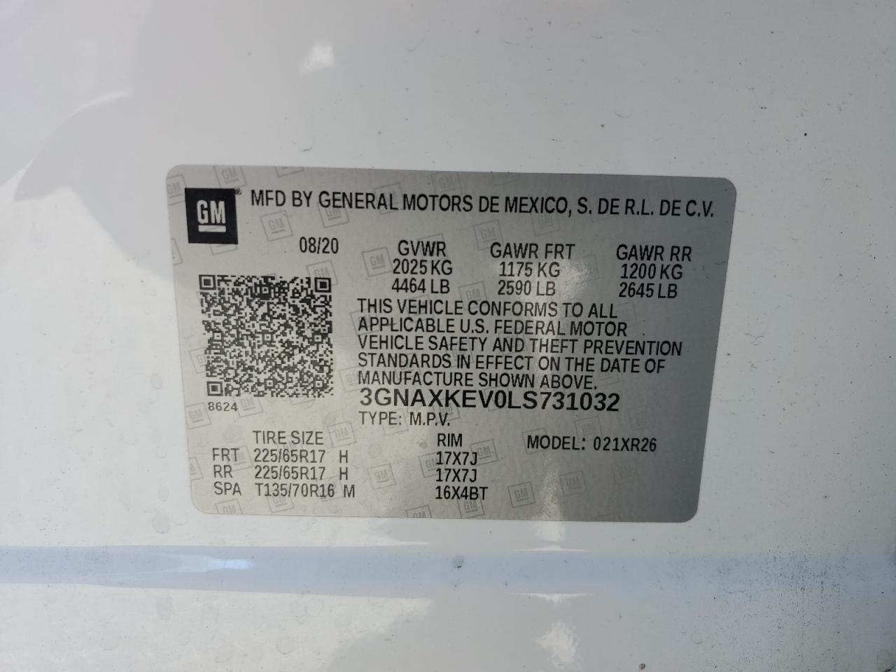 2020 Chevrolet Equinox Lt VIN: 3GNAXKEV0LS731032 Lot: 58188555