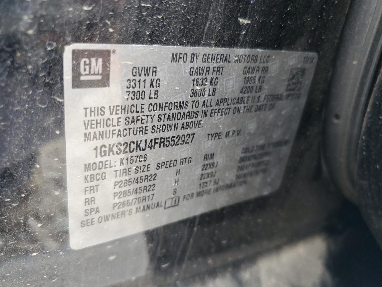 2015 GMC Yukon Denali VIN: 1GKS2CKJ4FR552927 Lot: 55443965