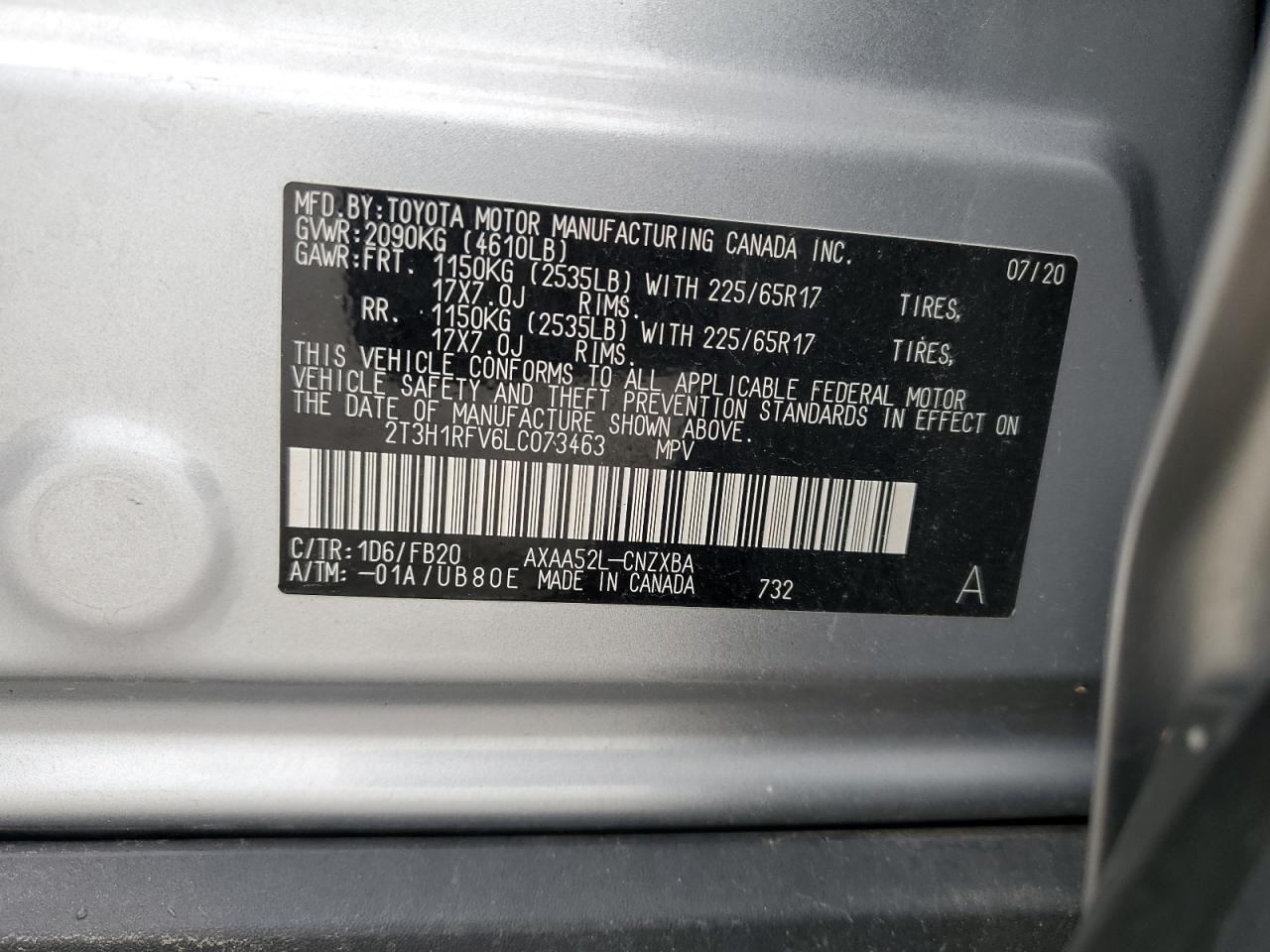 2020 Toyota Rav4 Le VIN: 2T3H1RFV6LC073463 Lot: 57141935