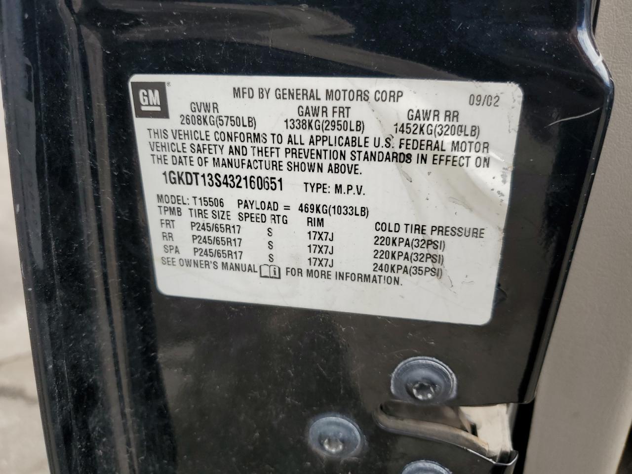 2003 GMC Envoy VIN: 1GKDT13S432160651 Lot: 56938205