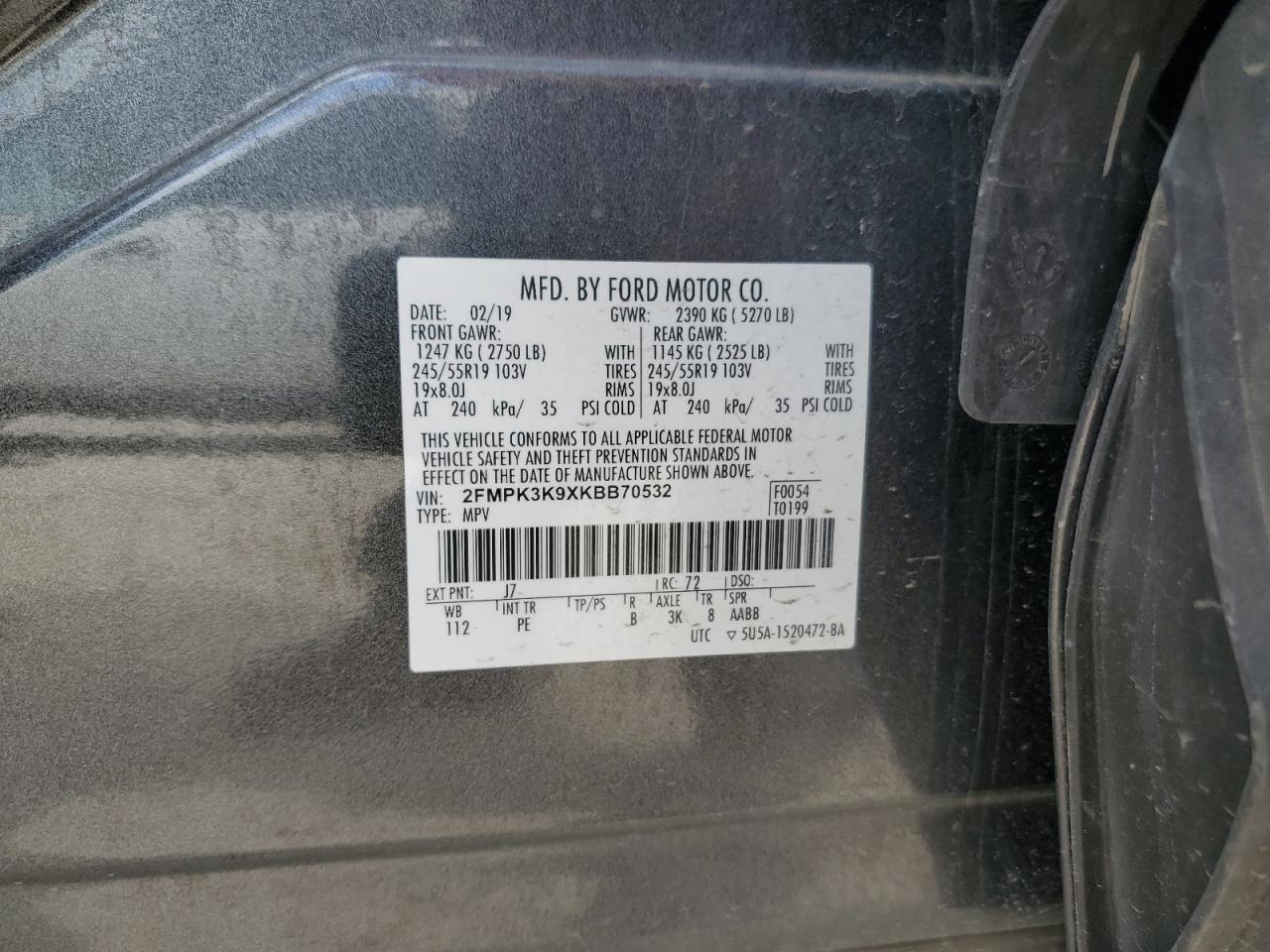2019 Ford Edge Titanium VIN: 2FMPK3K9XKBB70532 Lot: 56890605