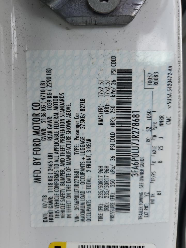 2018 Ford Fusion Se Hybrid VIN: 3FA6P0LU7JR278681 Lot: 54028955