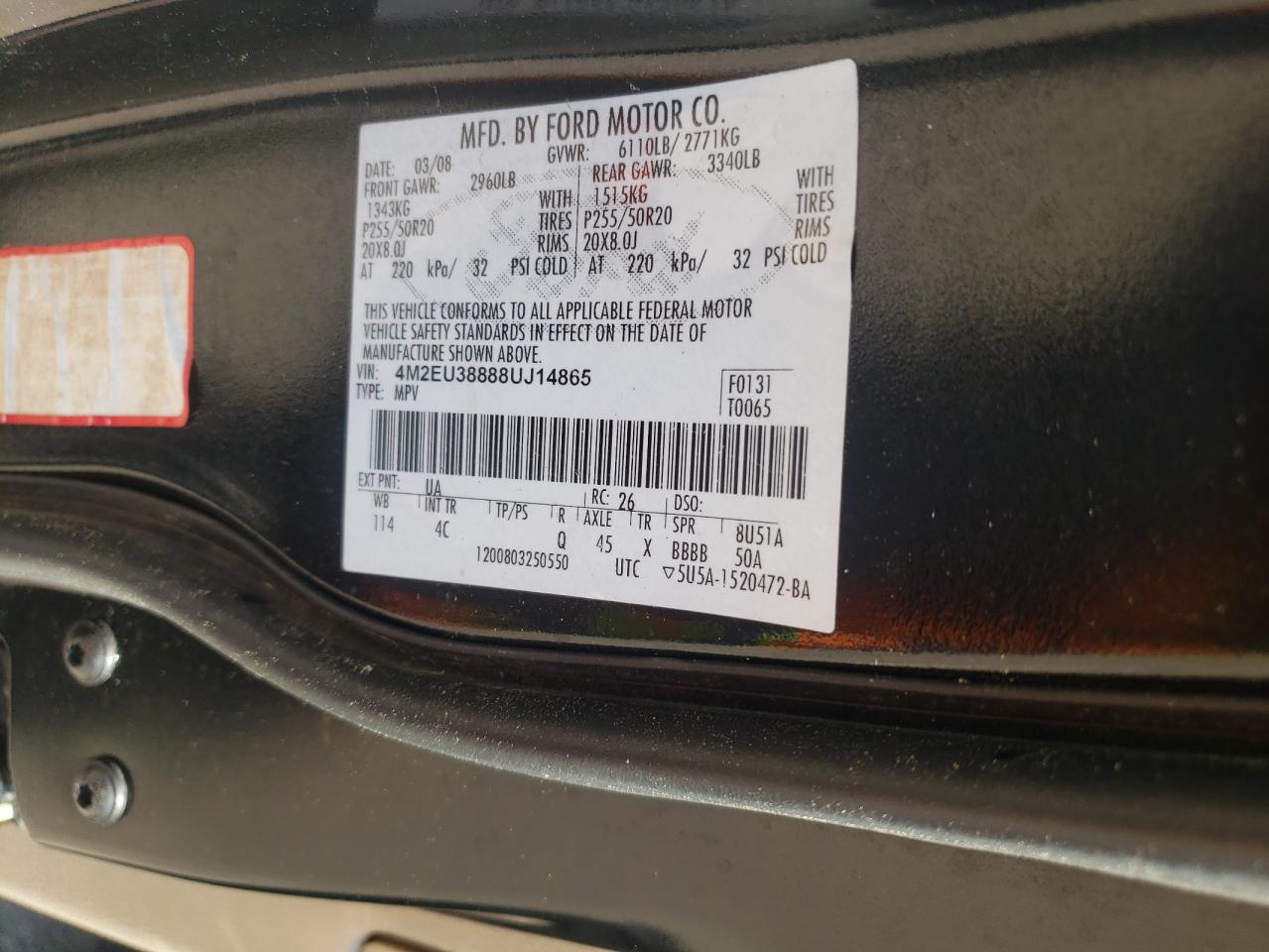 2008 Mercury Mountaineer Premier VIN: 4M2EU38888UJ14865 Lot: 55974705