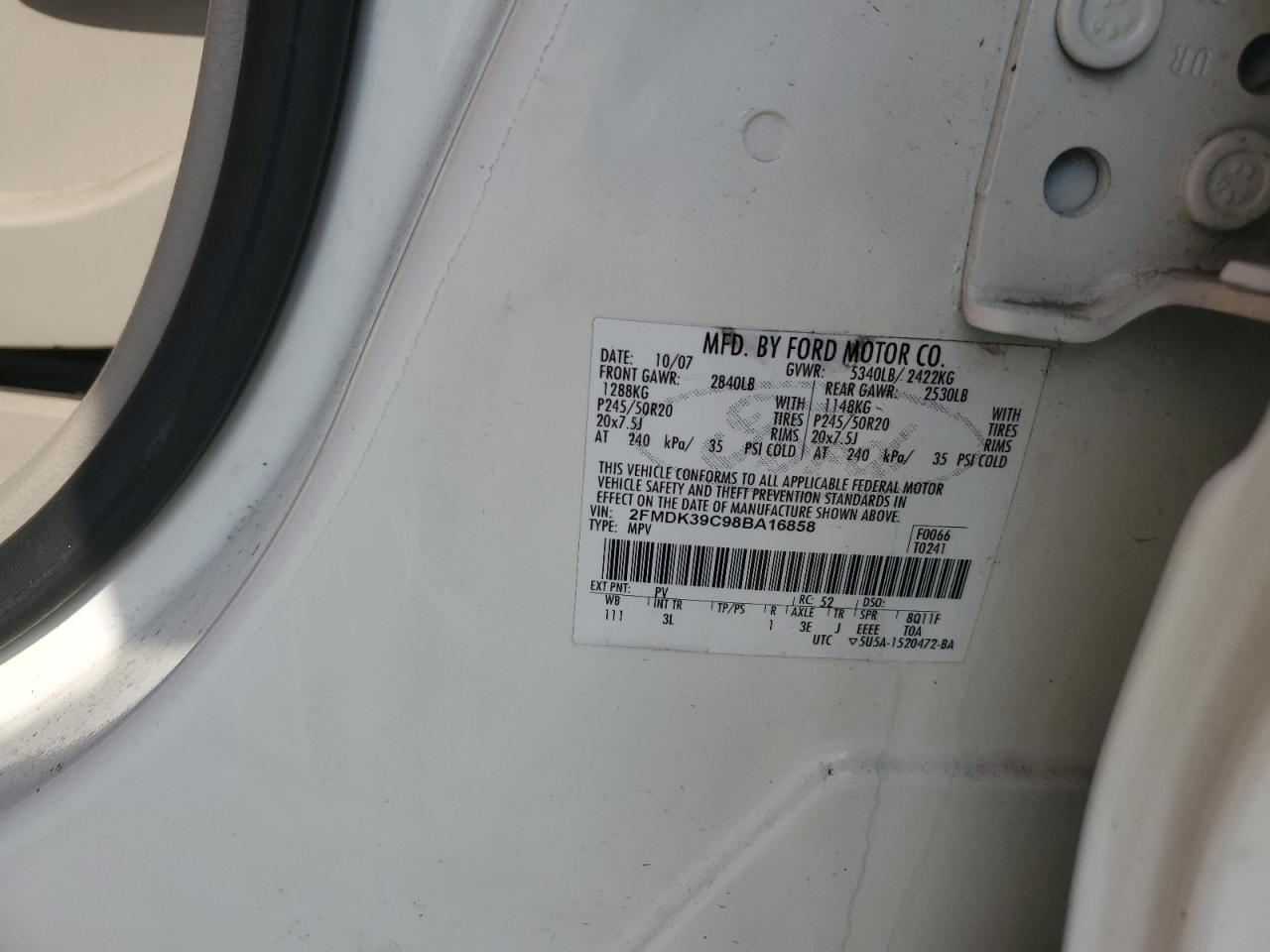 2008 Ford Edge Limited VIN: 2FMDK39C98BA16858 Lot: 56947285