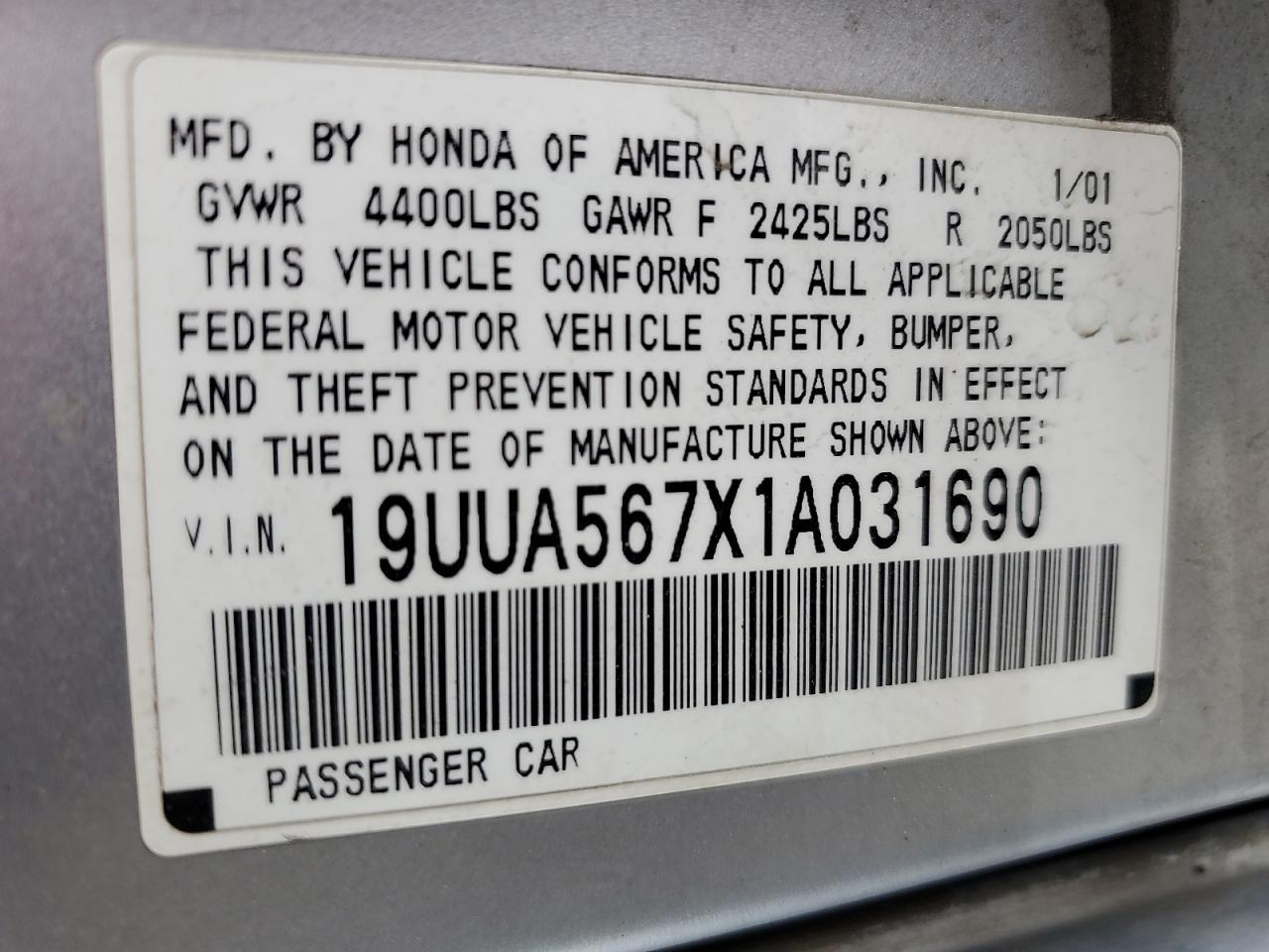 2001 Acura 3.2Tl VIN: 19UUA567X1A031690 Lot: 55849645