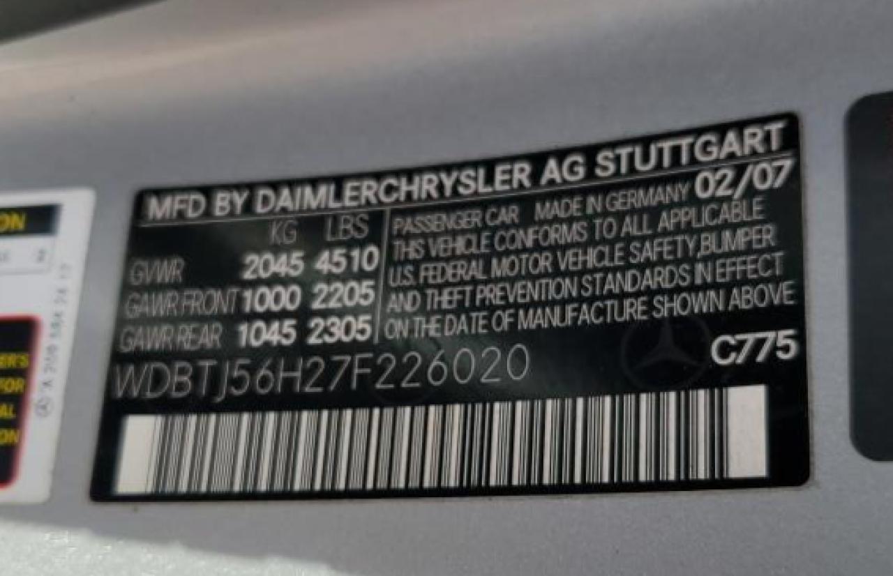 2007 Mercedes-Benz Clk 350 VIN: WDBTJ56H27F226020 Lot: 59058495