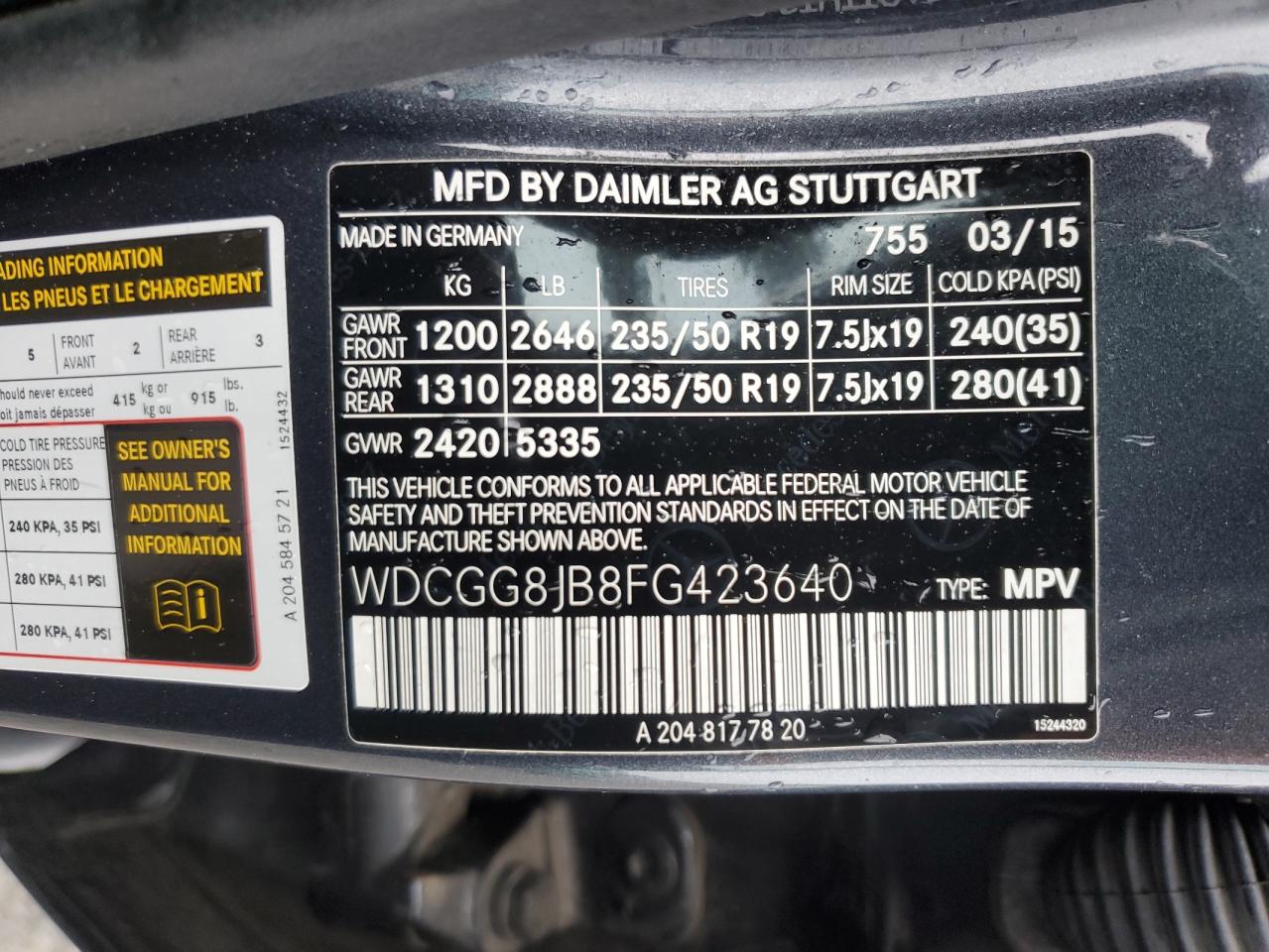 2015 Mercedes-Benz Glk 350 4Matic VIN: WDCGG8JB8FG423640 Lot: 55732995