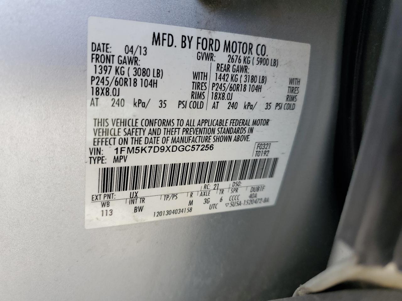 2013 Ford Explorer Xlt VIN: 1FM5K7D9XDGC57256 Lot: 57285735