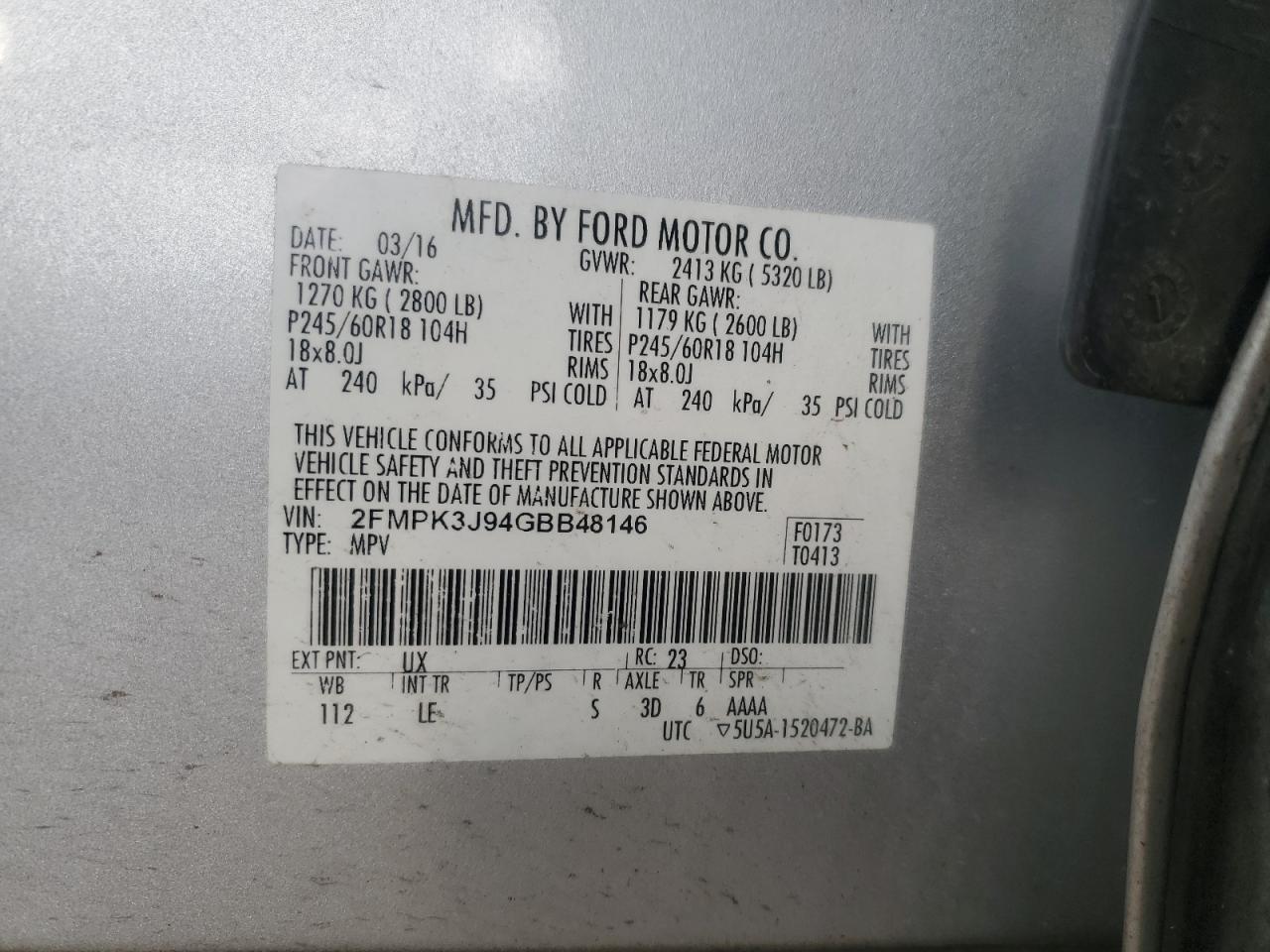 2016 Ford Edge Sel VIN: 2FMPK3J94GBB48146 Lot: 57978695