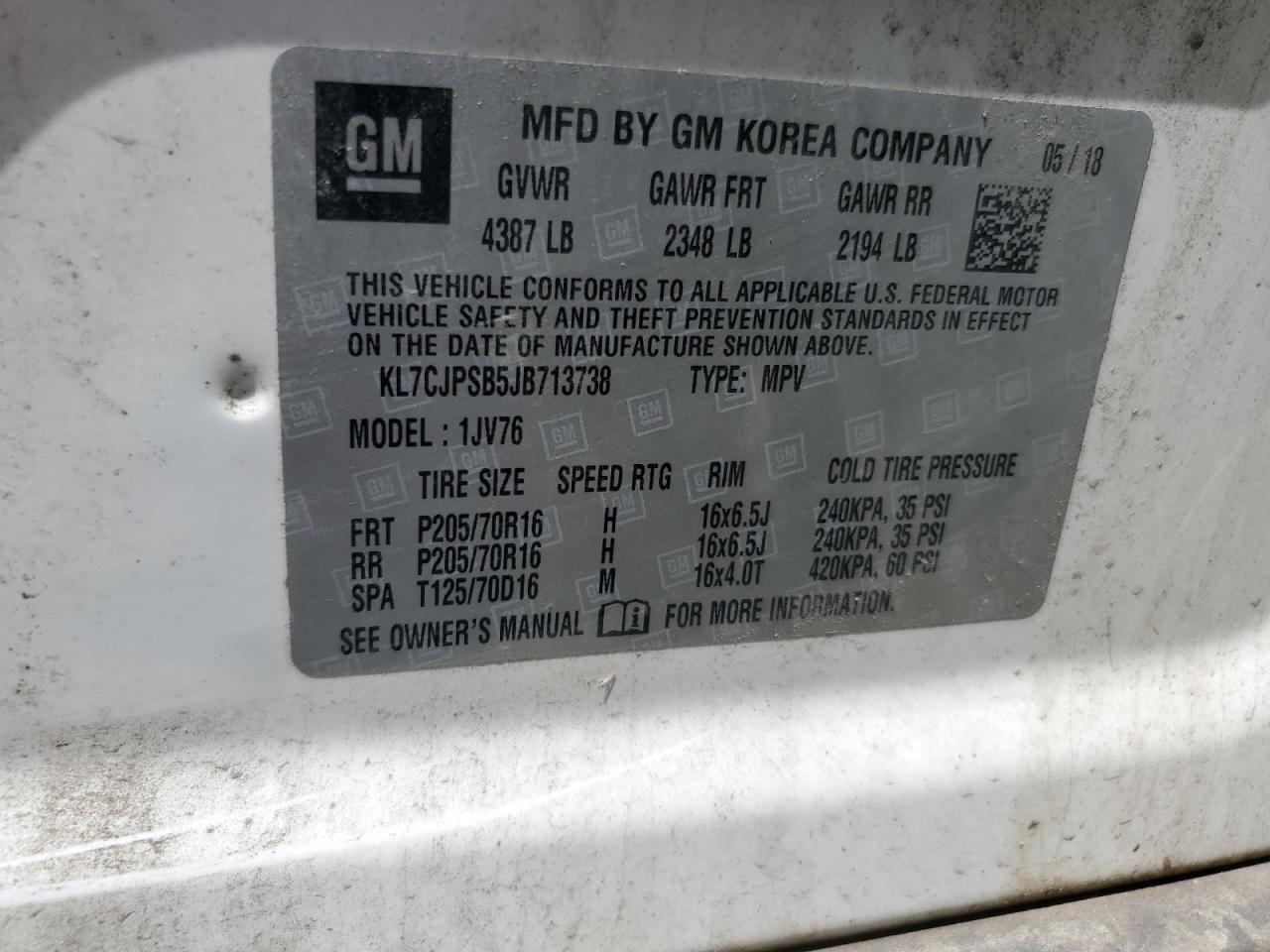 2018 Chevrolet Trax 1Lt VIN: KL7CJPSB5JB713738 Lot: 55554975