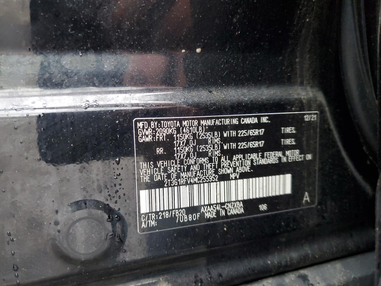 2021 Toyota Rav4 Le VIN: 2T3G1RFV4MC255952 Lot: 56595465