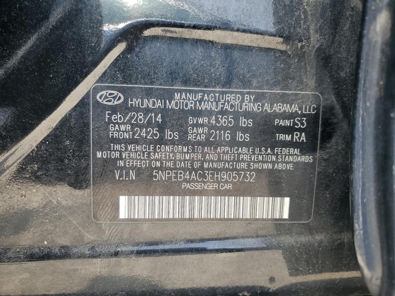 2014 Hyundai Sonata Gls VIN: 5NPEB4AC3EH905732 Lot: 55730595