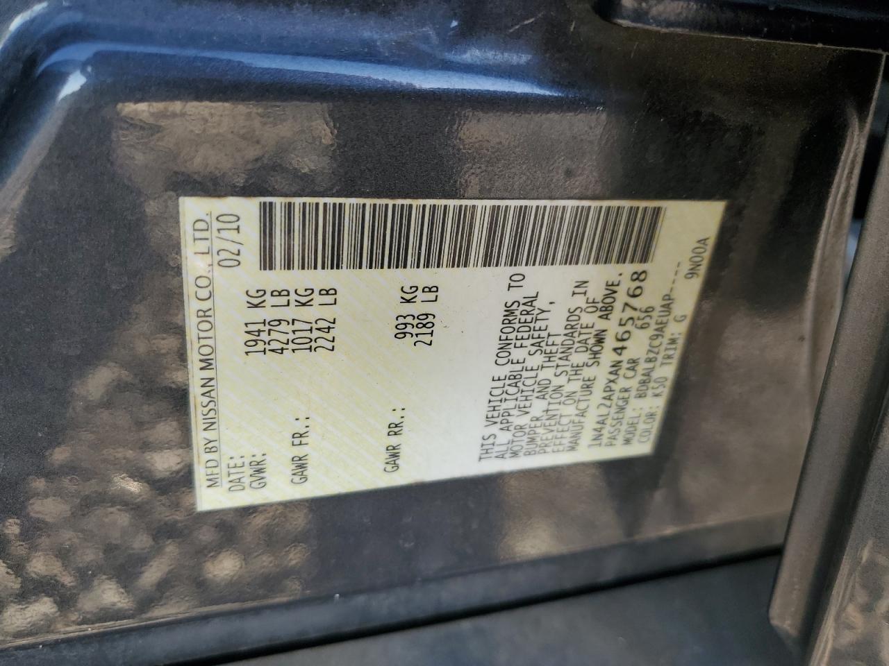 2010 Nissan Altima Base VIN: 1N4AL2APXAN465768 Lot: 56990435